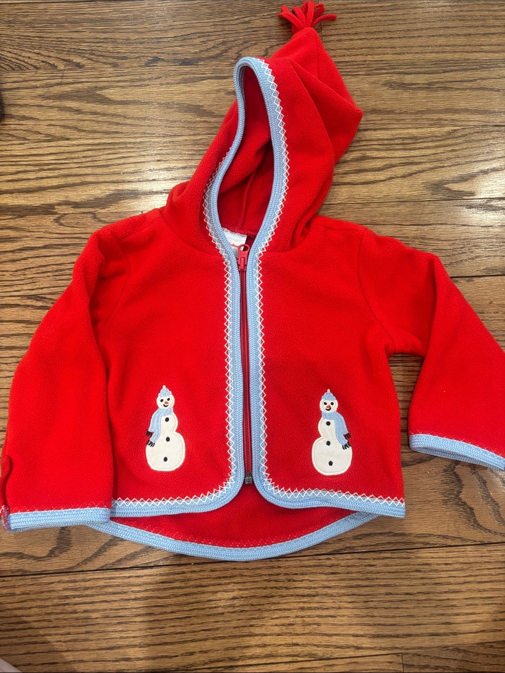 Hanna Andersson Red Hooded Jacket with Light Blue Trim and Snowman Appliqués